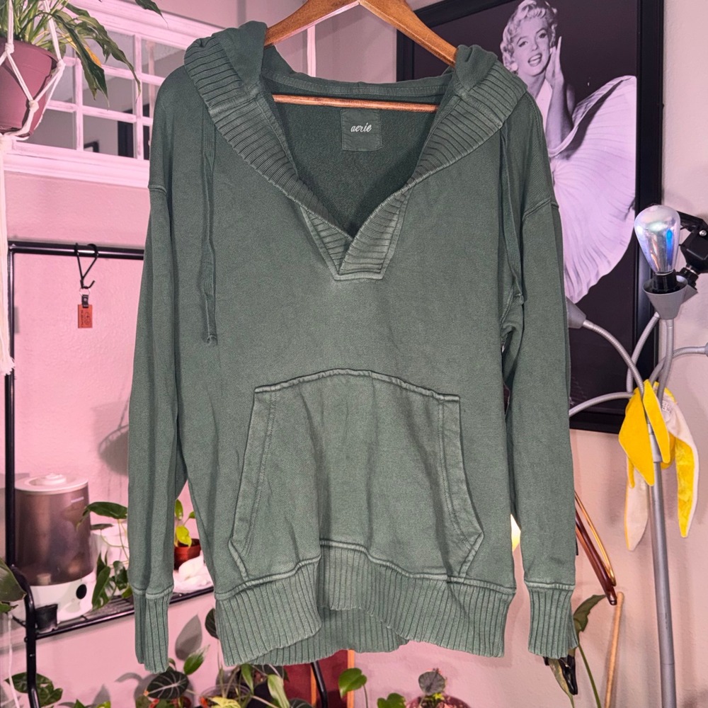 Aerie Hoodie Women XS Green Excellent Ribbed V-Neck Cotton Pullover Sweatshirt